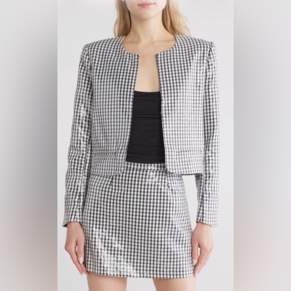 WAYF Houndstooth Black & White Checked Jacket & Skirt Set